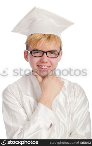 Young male student graduated from high school on white