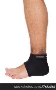 young male with ankle support to treat a sprain (isolated on white background)