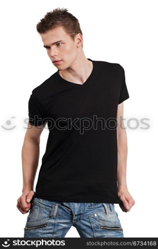Young male with blank black shirt. Ready for your design or artwork.