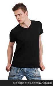 Young male with blank black shirt. Ready for your design or artwork.