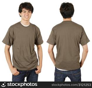 Young male with blank chestnut t-shirt, front and back. Ready for your design or logo.