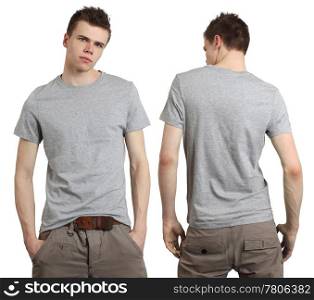 Young male with blank gray t-shirt, front and back. Ready for your design or logo.