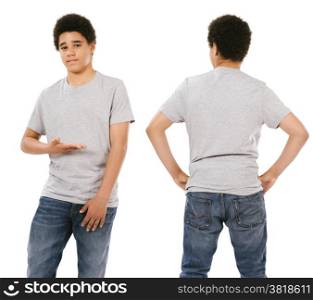 Young male with blank grey t-shirt, front and back. Ready for your design or artwork.