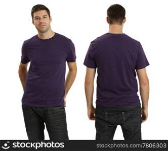 Young male with blank purple t-shirt, front and back. Ready for your design or logo.
