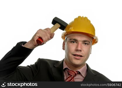 young male worker portrait with a hammer