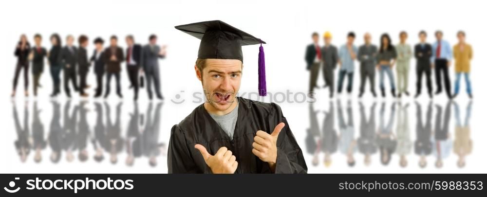 young man after his graduation, in front of a group of people