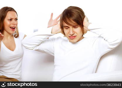 Young man and woman angry and conflicting