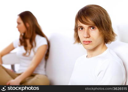 Young man and woman angry and conflicting