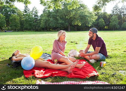 Young man and woman chatting on picnic blanket at park party