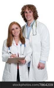 Young man and woman doctor in a lab coat holding a patient record. Hospital Room