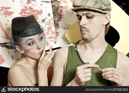 Young man and woman in retro style