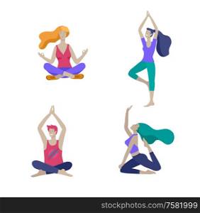 Young Man and woman meditate, sitting in yoga posture, performing aerobics exercise at home. Physical and spiritual practice yoga lesson. Mental health concept. Vector illustration cartoon. Young Man and woman meditate, sitting in yoga posture, performing aerobics exercise at home. Physical and spiritual practice yoga lesson. Mental health concept. Vector illustration