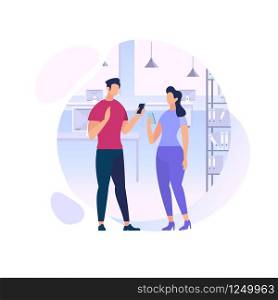 Young Man and Woman Stand Close to Each Other Using Mobile Smartphones on Office or Classroom Background. Communicating People Use Gadgets. Smart Technologies. Cartoon Flat Vector Illustration, Icon.. Young Man and Woman Communicating Using Phones