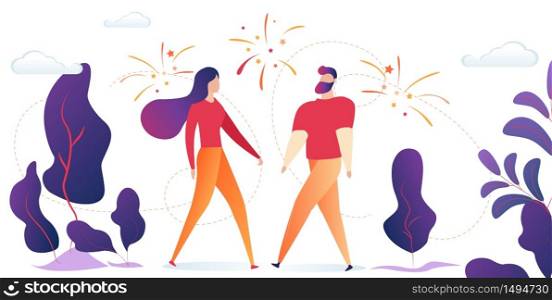 Young Man and Woman Standing Together Outdoors on Nature Landscape Background with Fireworks in Sky. Cute Happy Couple Having Romantic Dating, Human Relations, Love. Cartoon Flat Vector Illustration. Man and Woman Stand Outdoors with Fireworks in Sky
