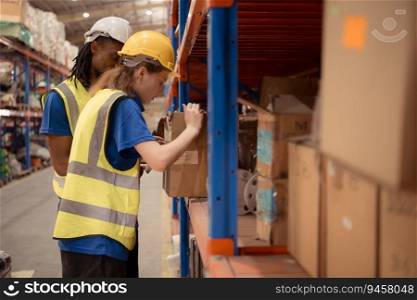 Young man and woman working together in warehouse, This is a freight transportation and distribution warehouse. Industrial and industrial workers concept