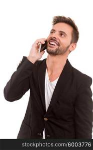Young man at the phone, isolated over white