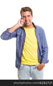 Young man at the phone, isolated over white