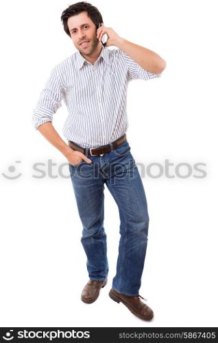 Young man at the phone, isolated over white background
