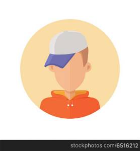 Young Man Avatar without Facial Features.. Stylish young man avatar or userpic in flat cartoon design. Sportive boy in cute cap. Close up portrait isolated. Part of series of diverse avatars without facial features. Vector illustration.