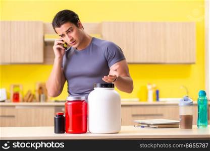 Young man blogging about food additives. Young man blogging about food supplements
