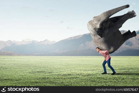 Young man carrying heavy elephant on his back. Big weight is not problem