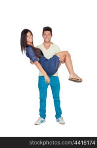 Young man carrying his girlfriend in his arms isolated on white background