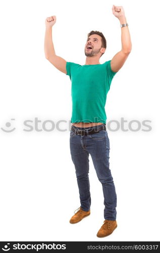 Young man celebrating - isolated over white background