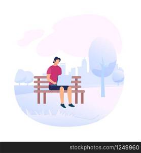 Young Man Character Wearing Red T-Shirt Sitting on Bench in Park with Laptop. Social Media Network, Online Education, Internet Search. Smart Technology in Human Life Cartoon Flat Vector Illustration.. Young Man Character Sit on Bench with Laptop