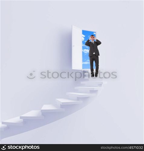 young man climbs the ladder of success and a virtual career. Collage.