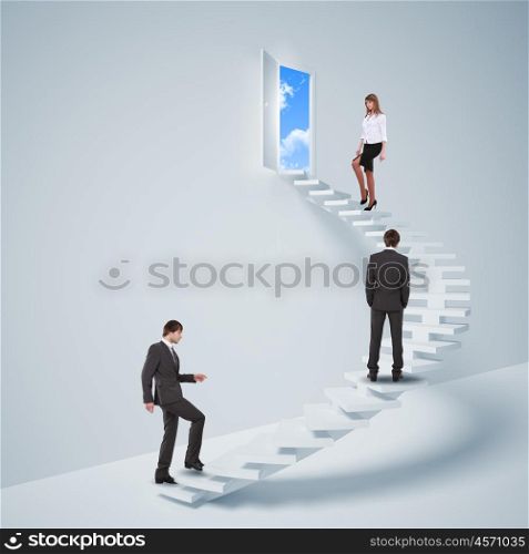 young man climbs the ladder of success and a virtual career. Collage.