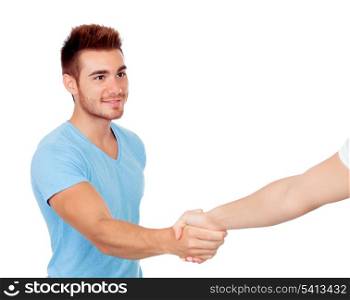 Young Man Coming to terms with a handshake isolated on a white background