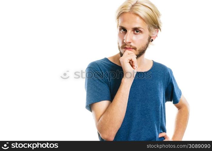 Young man confused thinking seeks a solution. Decision making process, doubt concept, studio shot isolated on white. Young man thinking seek a solution