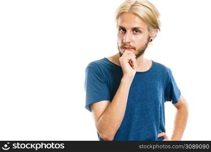 Young man confused thinking seeks a solution. Decision making process, doubt concept, studio shot isolated on white. Young man thinking seek a solution