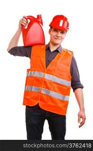 Young man construction worker in orange safety vest and red hard hat holding plastic canisters isolated on white. Industrial power and energy. Studio shot.