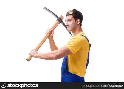 Young man contractor with axe isolated on white