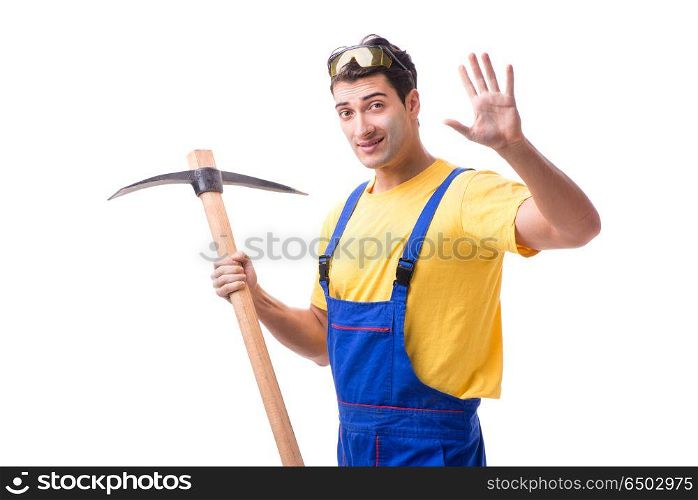 Young man contractor with axe isolated on white
