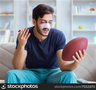 Young man defeated in sports game suffered loss with broken bleeding nose. Young man defeated in sports game suffered loss with broken blee