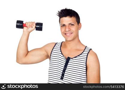 Young Man Doing Exercise with Weights Isolated on White