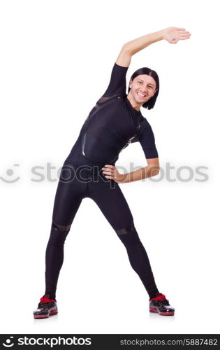 Young man doing exercises on white