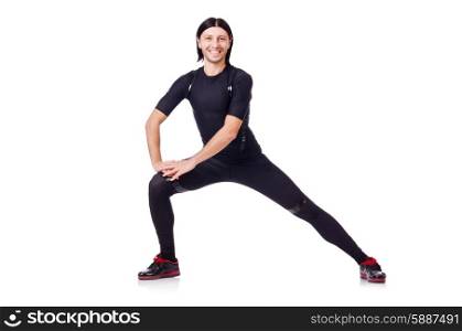 Young man doing exercises on white