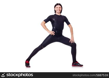 Young man doing exercises on white