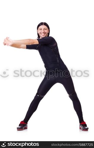 Young man doing exercises on white