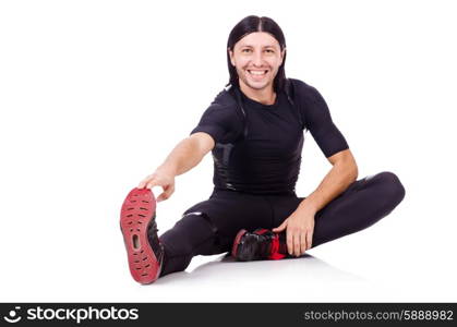 Young man doing exercises on white