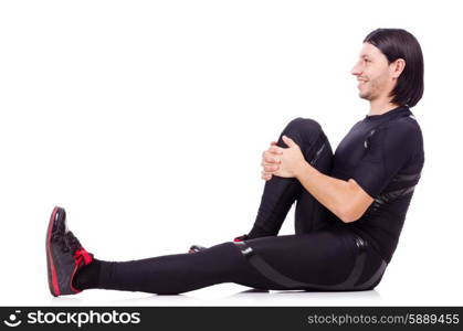 Young man doing exercises on white