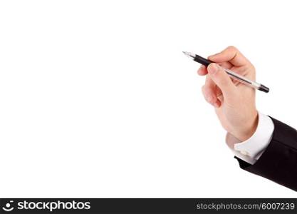 Young man, drawing on whiteboard, isolated over white