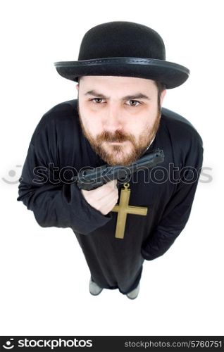 young man dressed as priest with a gun