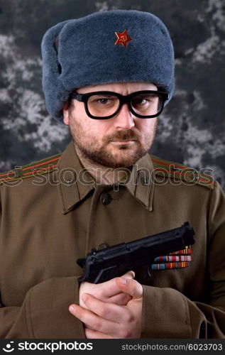 young man dressed as russian military, studio