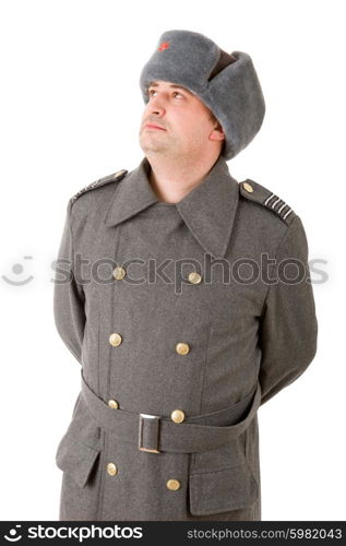 young man dressed as russian military, studio picture