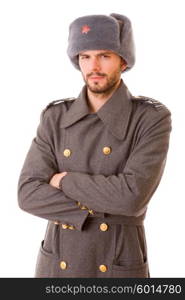 young man dressed as russian military, studio picture