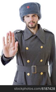 young man dressed as russian military, studio picture